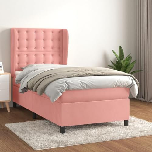 OHOOWOO Boxspringbett mit Matratze Rosa 90x200 cm Samt,Exquisites Boxspringbett aus Samt mit verstellbarem Kopfteil, Taschenfederkernmatratze und Topper für erholsamen Schlaf (90x200 cm, Rosa)