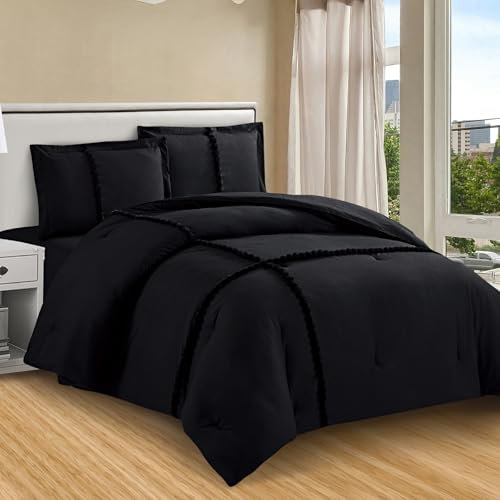 HOMELUX Bttwäsche-Sets 180x200 4teilig, 240x260 Steppdecke mit Bettbezüge,2 Kissenbezüge 50x70 cm, Duvet Covermit Haarballen-Akzente Dekoration, Mikrofaser Bettdecke, Schwarz