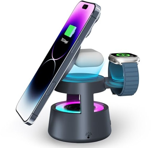 NEUTYPECHIC Ladestation für iPhone, 5 in 1 Wireless Charger für Magsafe Ladegerät, 20 W Kabelloses Ladegerät mit Nachtlamp, Bluetooth Lautsprecher für iPhone 16/15/14/13/iWatch/AirPods