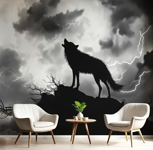 Seide Fototapete Dunkle Wolken Blitze 150×105 CM (W×H), Foto Tapete Schlafzimmer Wohnzimmer Seide tapete, Wandtapete Berg Wolf Motivtapeten Bildtapete 3d Effekt Wand Dekoration