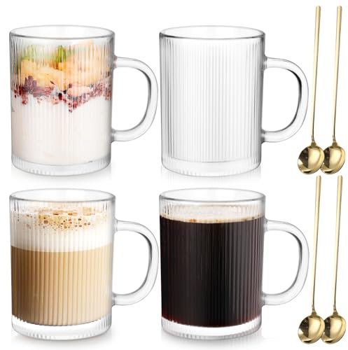 Anhow Glass Coffee Mugs Set of 4, 350ml Classic Stripe Latte Glasses with Handle, Borosilicate Temperature Resistant Glass Coffee Cups for Cappuccino, Macchiato, Tea, Milk, Juice, Cold & Hot Beverages