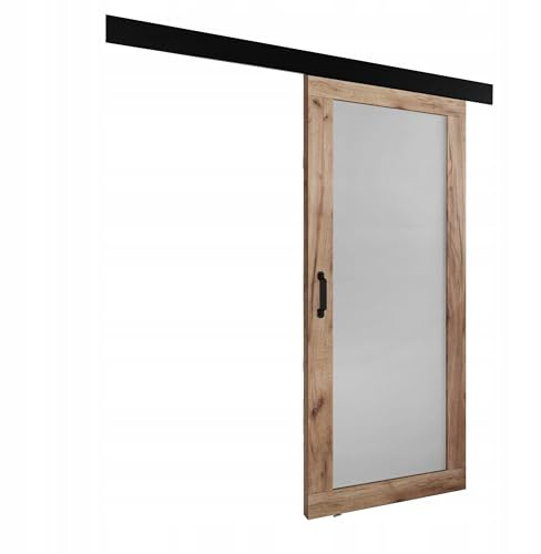 KIER FURNITURE Schiebetür Komplettset - Tür mit Laufschiene - Schiebetürsystem - Raumspartür - Innentüren - Sliding Door Set - Links & Rechts - Eiche Craft & Weiß - Breite 96 cm