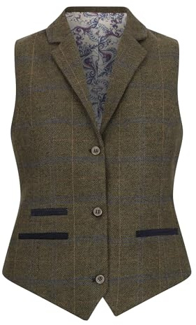 Olivgrüne Tailored Fit Tweedweste für Damen mit Fischgrätenmuster
