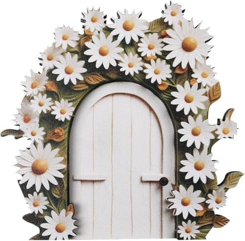 1 x weiße Gänseblümchen-Rahmen-Tür, Feentür, für Baumstümpfe, Dekoration, Feenhaus-Landschaftsdekorationen, Miniatur-Garten-Outdoor-Dekor-Zubehör, Gartenskulpturen und Statuen