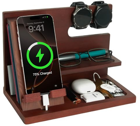 ELEVAT Gifts for Men Christmas Wood Phone Docking Station Desk Organizer Fathers Gifts Anniversary Birthday Gifts for him Xmas Presents for Dad Nightstand Key Wallet Stand for Men, Boyfriend, Dad