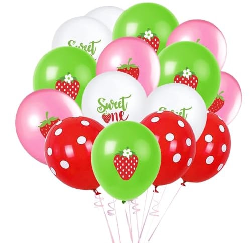 Fesnova 18 Stück Erdbeer Luftballon Geburtstag, Rosa, Rot, Weiß, Grün Erdbeer Latexballons, Party für Obst, Erdbeer Geburtstagsdeko, Fruchtballons, Sommerparty Themendekorationen