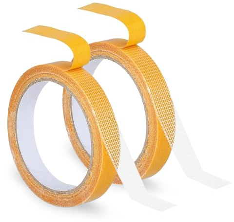 2 Rolls 0.6inch x 32.81ft(10m) Double Sided Super Sticky Fabric Tape, Heavy Duty Adhesive Clear Gauze Fiber Mesh Tape, Carpet Tape, Strong Mounting Mesh Tape Adhesive for Carpet, Wall, Floor, Craft