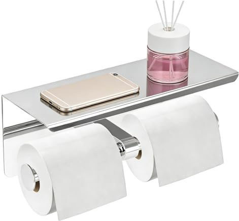 Double Toilet Paper Holder Wall Mounted, Stainless Steel Tissue Paper Holder with Shelf Anti -Rust Toilet Paper Dispenser for Bathroom (Silver)