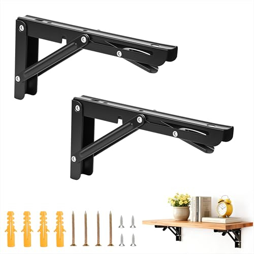 Support Équerre Pliable 240mm Équerre Rabattable Charge Lourde Consoles Pliantes Lourds Support pour Garage Bureau Chambre Tablette Murale Rabattable 2 Pièces Noir