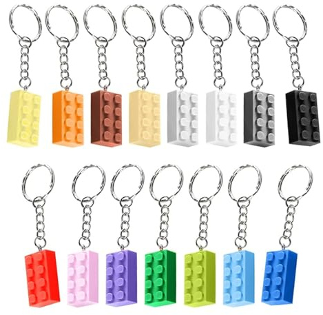 Lot de 15 porte-clés blocs de construction multicolores en plastique | Couleurs briques - Pendentif pour porte-clés - Pendentif de sac - Décoration d'anniversaire