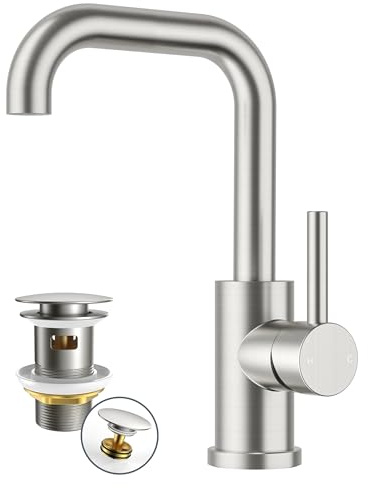 FORIOUS Robinet Salle de Bain Haut avec Bonde, Mitigeur Lavabo 360° Rotatif en Acier Inoxydable Eau Chaude et Froide, Adapté au Lavabo de Salle de Bain,Inox