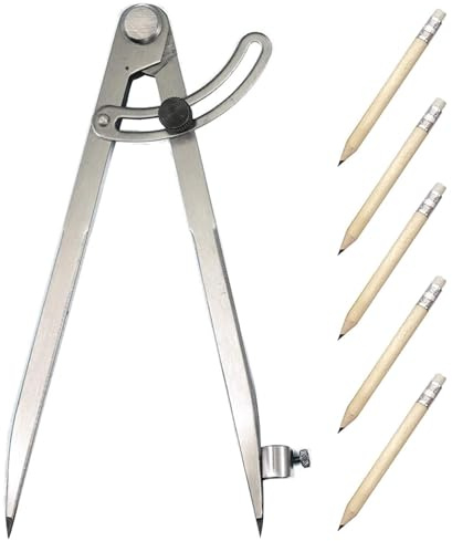 COEWUR Compas de Mesure en Acier Professionnel Compas Pointe au Carbonne avec 5pcs Crayons Compas de Précision Réglage pour Charpentier Menuisier Jauge de Marquage Industriel Cuir Artisanat