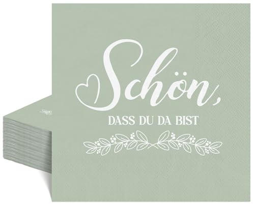 40 Stück Serviette Grün, 16.5 c'm Servietten Schön Dass Du Da Bist | Cocktailservietten für Kommunion Hochzeit Taufe Geburtstag