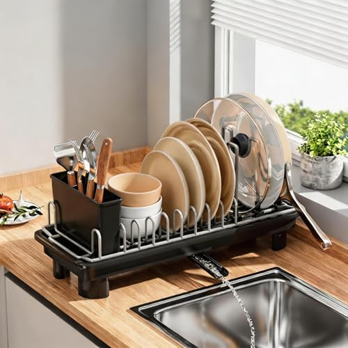 AFNGWWIN Escurreplatos pequeño, escurridor de Platos Acero Inoxidable con Bandeja de Goteo, 360° y Soporte para Utensilios,Small Dish Drying Rack