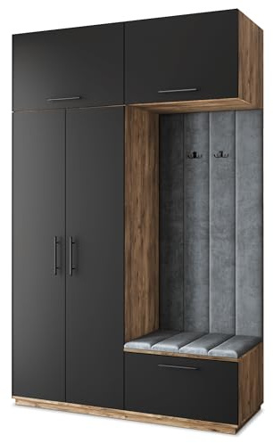 Masseno Flugarderoben Set Rema, Kleiderschrank-Set mit Sitzbank, Garderobenschrank Flur mit 5 Regalböden, Eiche Lefkas/Schwarz