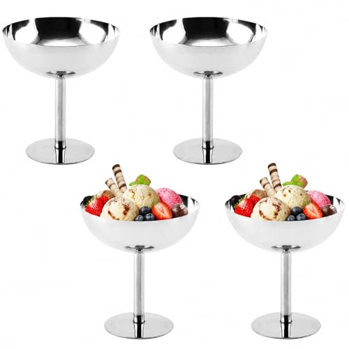 Mocifa 4 Pezzi Coppe Gelato Acciaio Inox 240 ml Coppette Gelato con Piede Tazza Coppe Dessert in Acciaio Inossidabile Ciotole da Dessert per Budino Yogurt Frutta Insalata (10 x 11 cm)