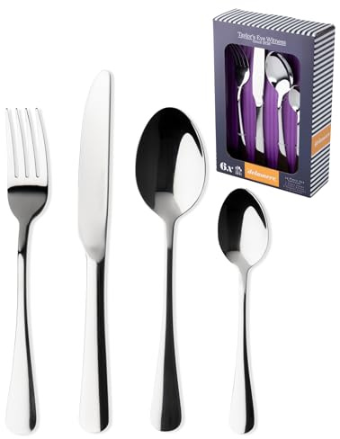 Taylors Eye Witness Delamere 24-Piece Kitchen Cutlery Set - Includes Table Forks, Knives, Dessert Spoons & Teaspoons. Durable 18/0 Stainless Steel Flatware Set. Modern Silverware. Dishwasher Safe