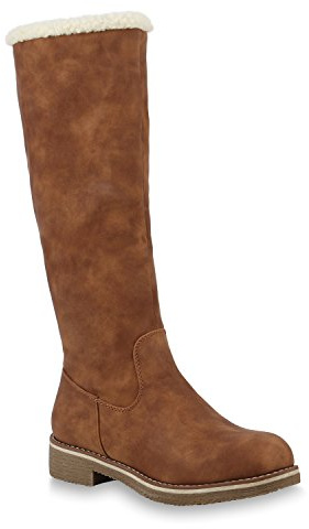 Klassische Damen Stiefel Warm Gefütterte Boots Winter Schuhe 153709 Hellbraun Weiss 41 Flandell