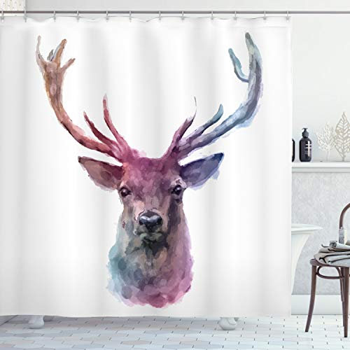 ABAKUHAUS Pastell Duschvorhang, Antlers Wild Nature, Stoffliches Gewebe Badezimmerdekorationsset mit Haken, 175 x 180 cm, Lila Rosa