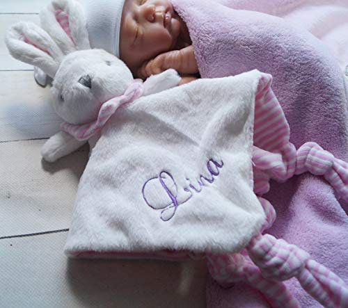 Schmusetuch bestickt mit Namen Schnuffeltuch Kuscheltuch Tolle Geschenkidee ! (Weiß-rosa-Hase)