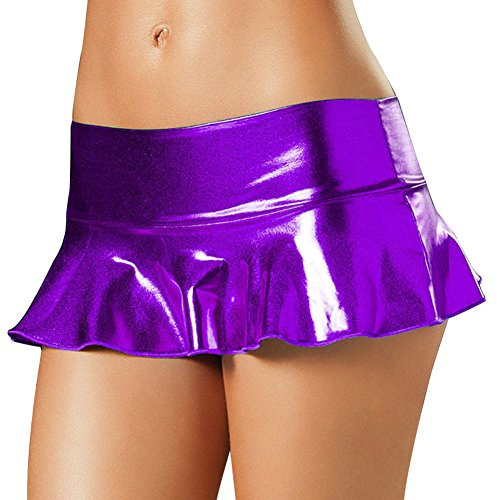 HOT DREAM Mini gonna corta da donna in finta pelle effetto bagnato con volant metallizzato, sexy, da discoteca, ballo