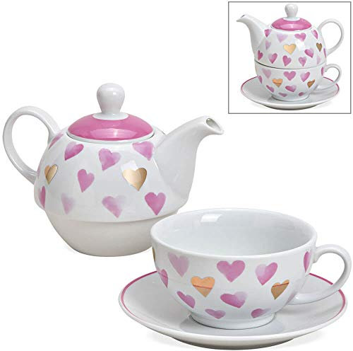 Set di teiera in rosa oro e bianco con cuore – dolce tazza da tè in porcellana con coperchio per 400 ml | 200 ml – tazze da caffè eccezionali lavabili in lavastoviglie e adatte al microonde come