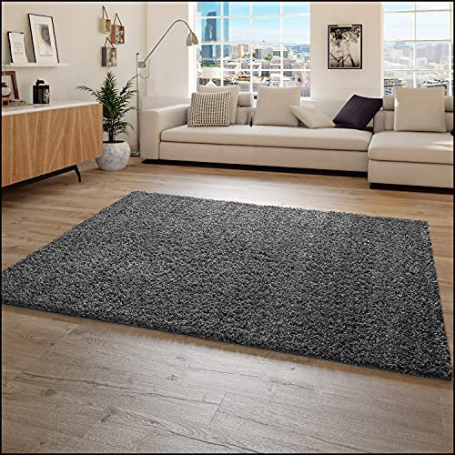 Paco Home Hochflor Teppich Wohnzimmer Shaggy Langflor Modern Einfarbig Ohne Muster, Grösse:70x140 cm, Farbe:Anthrazit
