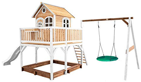 AXI Spielhaus Liam mit Sandkasten, Nestschaukel & weißer Rutsche | Stelzenhaus XXL in Braun & Weiß aus FSC Holz für Kinder | Spielturm mit Wellenrutsche & Schaukel für den Garten