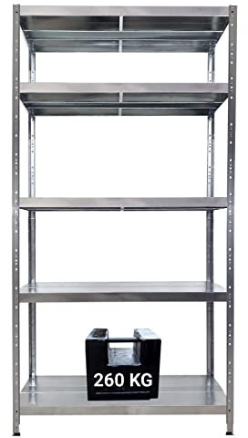 GRIMA Scaffale in metallo zincato con 5 ripiani regolabili - 100x50x195 cm (260 kg per ripiano, totale 1300Kg) Ripiani in metallo per garage, dispensa e officina con sistema di incastro