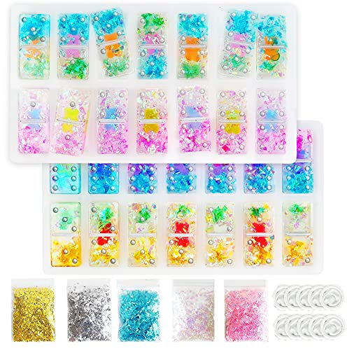 2 Stück Set mit 28 Mulden, Dominoharzformen, Silikon-Formen für Harzgießen, doppelte Epoxidharz-Form, DIY-Handwerk, personalisierte Dominosteine, Spielkunstform 5 Farben glänzenden Glitzer-Pailletten