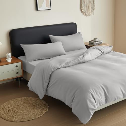 King Duvet Cover Set Anti-Allergy Brushed Microfibre Bedding Soft Plain Bed Linen with Pillowcase(s) Hypoallergenic Quilt Cover Set (Silver, King)