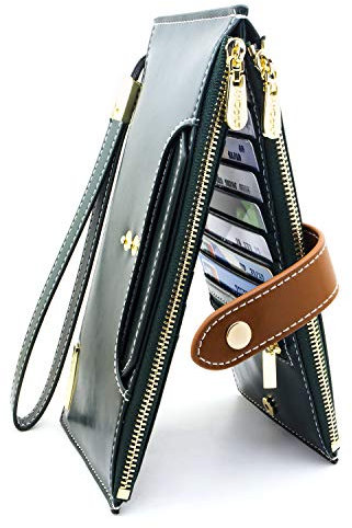 Portefeuilles pour Femmes en Cuir Véritable RFID Bloquant Le Porte Cartes Multi Plis avec Poche Zippée Vert