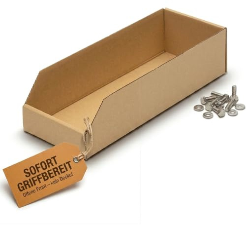 KK Verpackungen Regalkartons 400x150x100mm | 100 Stück, Lagerboxen für Lagerregale | Sichtboxen aus Wellpappe für Kleinteile | Stecksystem ohne Werkzeug | Aufbewahrungsbox Werkstatt & Lager