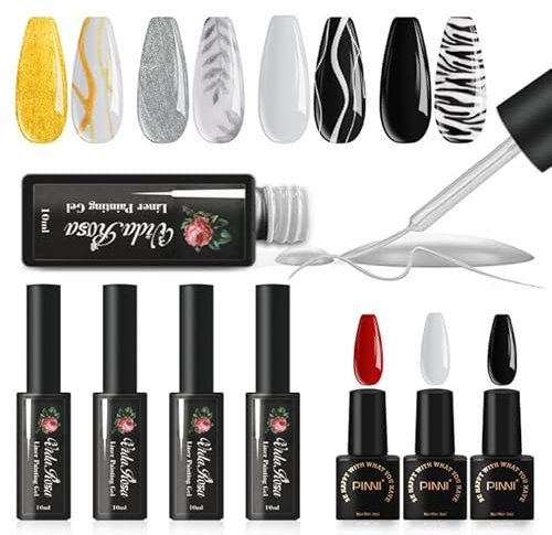 Gel Nail Polish Black White Red + Professional Gel Liner 4 Colors Gold Silver Black White, Special Brush for Striping Details Painting Lines, Gel Pens for Nail Art Nail Design Manicure Salon Set