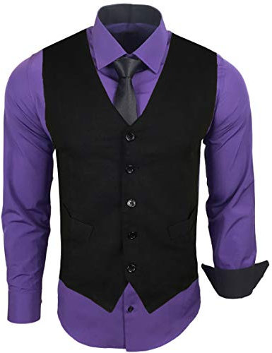 Baxboy Herren Hemd mit Weste Krawatte Anzugs Sakko Business Hochzeit Freizeit Hemden Frack Herrenweste Set wählbar B-44-HWKR, Farbe:Lila, Größe:4XL
