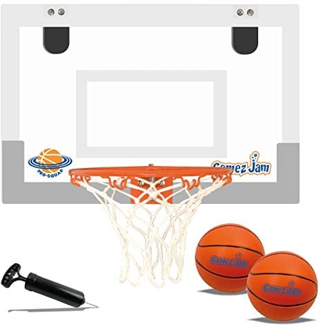 GAMEZ JAM Mini Basketball Hoop for door. Unique toughened board, slam dunk hoop, net and balls. Indoor basketball hoop for kids, adults, teenagers, students. Cool bedroom accessory for boys and girls