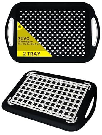 Zuvo Lot de 2 Plateaux de Service Antidérapants avec Poignées | Léger, Durable & Facile à Nettoyer | Pour Tous Types d'Aliments & Boissons | Caoutchouc à Haute Adhérence | Noir