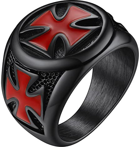 FaithHeart Herren Jungen Fingerring Schwarz Tempelritter Kreuzring in Größe 57 Retro Siegelring Bandring Statement Fingerring für Weihnachten Geburtstag