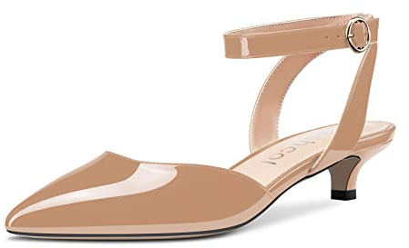 Women Kitten Low Heel Close Pointed Toe Pumps Court Shoe Ankle Strap Slingback Buckle Sandals Wedding Office Cute Classic Shoes Beige Patent 5 UK