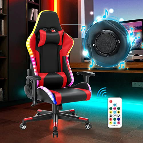 Gaming Stuhl mit RGB LED-Leuchten und Lautsprechern Racing Computter Stuhl PC Stuhl aus PU-Leder Videospielstuhl mit hoher Rückenlehne ergonomischer Bürostuhl mit Kopfstütze Lendenwirbelstütze Rot