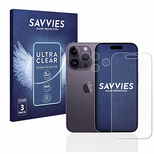 Savvies Schutzfolie für Apple iPhone 14 Pro | (Display+Kamera) 6 Stück Transparenter Displayschutz Made in Germany Ultra-Klar Displayschutz-Folie