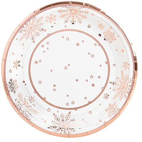 8 pezzi - Piatti usa e getta dessert cartone Ø 18 cm con tema natalizio e design fiocco di neve oro rosa. Piatti biodegradabili Natale, 100% riciclabili. Celebrazioni ed eventi perfetti.