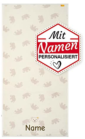 LALALO Steiff Kinderhandtuch mit Namen personalisiert/Bestickt, Kinder Baby Handtuch besticken Lassen (50x100 cm, Beige/Elefant)