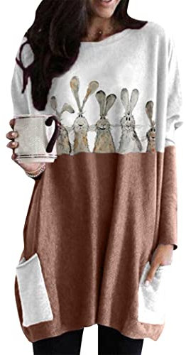 OMZIN Sweatshirt mit Osterhasen Print Damen Frühling Langarm runder Ausschnitt süßes Hasenmuster lockeres Sweatshirt Khaki Kaninchen M