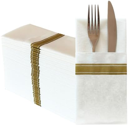 JEBBLAS Lot de 100 Serviettes Jetables au Toucher Lin - Poche Intégrée pour Couverts, Décoratives pour Mariage et Fête - Douces, Solides, Absorbantes, Pré-pliées et Imprimées