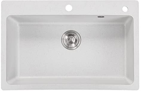 Topmount White Quartz Stone 2-Loch Single Bowl Kitchen Spüle, Granit Spüle Drop-In Waschschüssel mit Faucet Combo und Zubehör, 8-teiliges Set