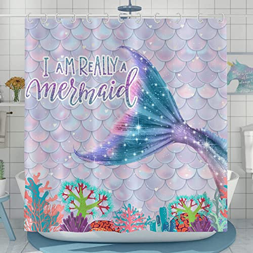 Hnmdmyi Duschvorhang Meerjungfrau 180x240, Blau Lila Meerjungfrau Schwanz Fisch Schuppen Ozean Thema Koralle 3D Fluoreszierend Kinder Mädchen Badewanne Vorhang Wasserdicht Stoff Waschbar Badevorhang