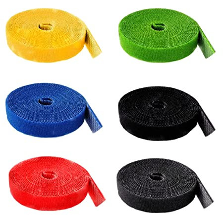 HUAZIZ 6 Rollen Klett Kabelbinder Wiederverwendbare, Mehrfarbige Klettverschluss Nylon-Befestigungsband Drahtorganisator, Selbstgreifender Kabelseilhalter, Schneidbarer 2M * 25MM (Insgesamt 12M)