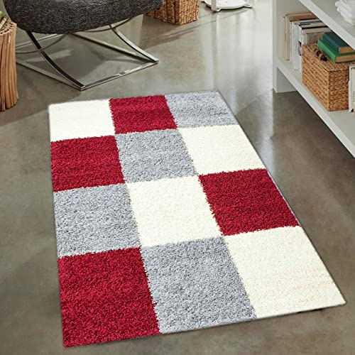 CARPETIA Shaggy Hochflor Teppich Karomuster Rot Grau Creme 60x110 cm | Weich, pflegeleicht, strapazierfähig und allergikergeeignet, OEKO-TEX geprüft, schadstofffrei, für Fußbodenheizung