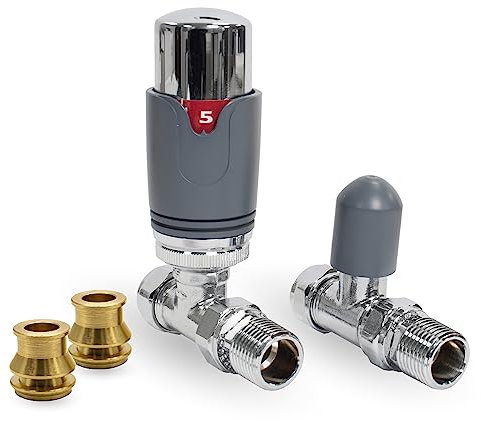 Thermostatic TRV Straight Grey/Chrome Radiator Valves 1/2 x 15mm with Brass Radiator Reducer Compression Valve - 15mm to 10mm